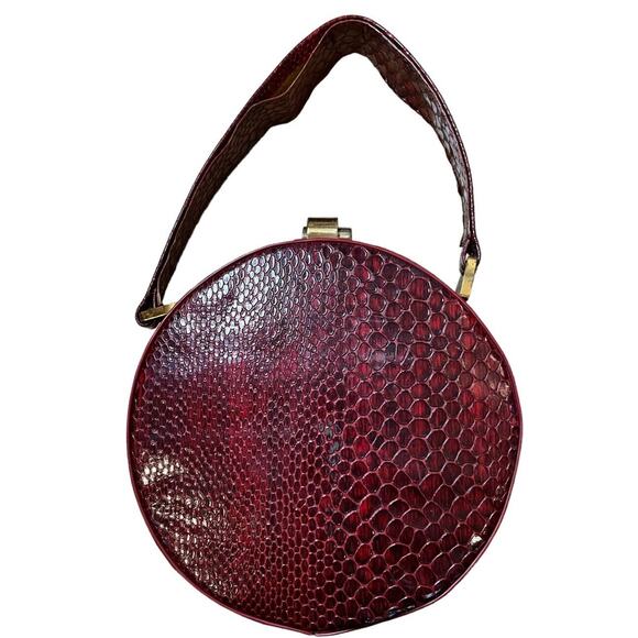 Round Red Purse Handbag Snake Skin (?) Vintage Burgundy 7” Unique Rare! - Picture 1 of 8